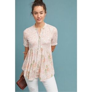 Anthropologie Akemi + Kin Veria Peplum Tunic Tan Size M Floral Short Sleeve